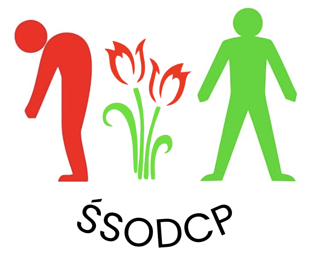 Obrazek przedstawia logotyp Śląskiego Stowarzyszenia Osób Dotkniętych Parkinsonem. Ilustracja przedstawia po lewej stronie czerwoną osobę która się schyla, obok niej na środku jest czerwony tulipan i drugi człowiek w pozycji prostej w całości zielony